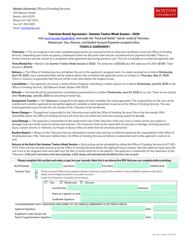 Television Rental Agreement  Summer Twelve Week Session  2020 screenshot