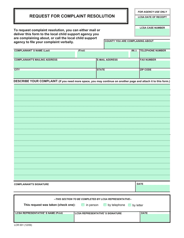 Request For Complaint Resolution screenshot