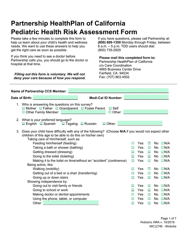 Pediatric Health Risk Assessment Form screenshot