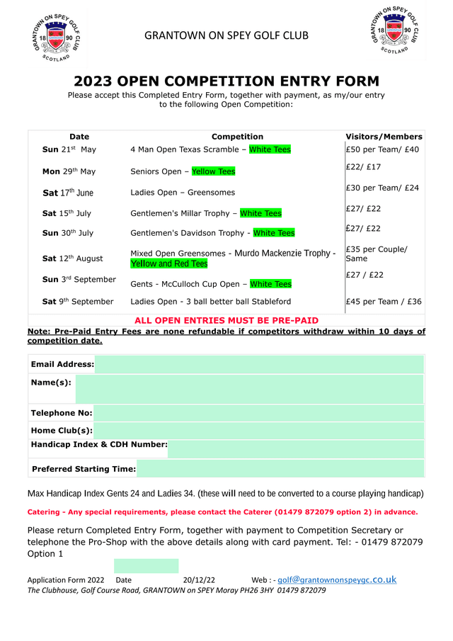 2023 Open Competition Entry Form screenshot