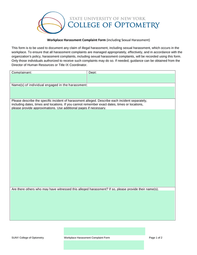 Workplace Harassment Complaint Form (Including Sexual Harassment) screenshot