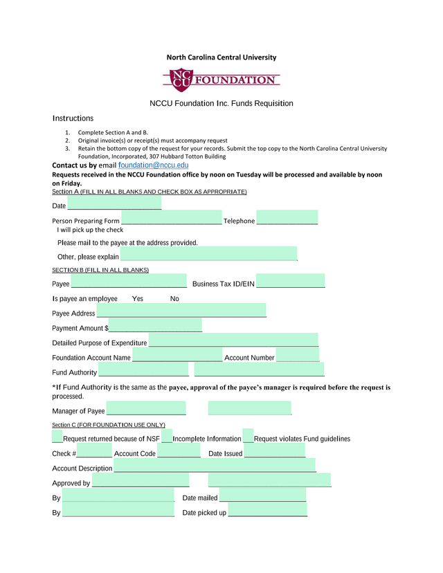 NCCU Foundation Inc. Funds Requisition Instructions screenshot