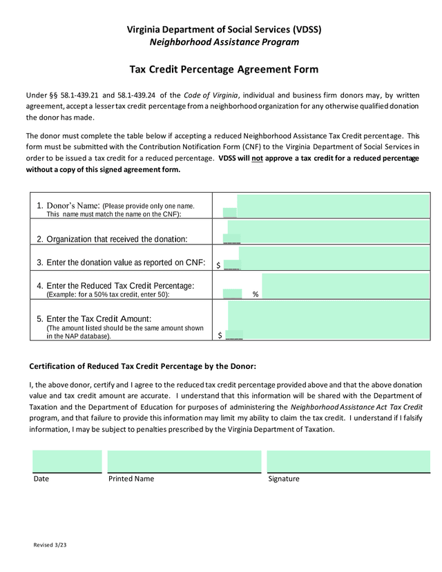 Tax Credit Percentage Agreement Form screenshot