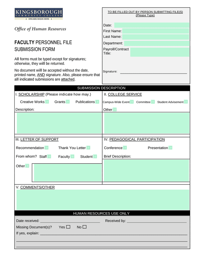 FACULTY PERSONNEL FILE SUBMISSION FORM screenshot