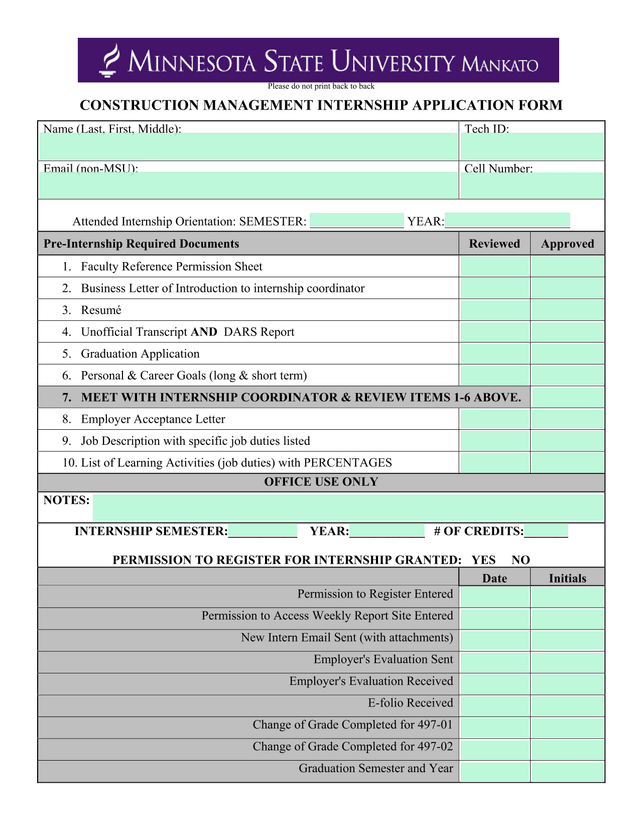 Construction Management Internship Application Form screenshot