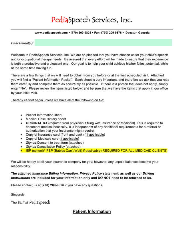 Patient Information Packet screenshot