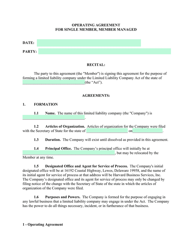 Operating Agreement For Single Member, Member Managed screenshot
