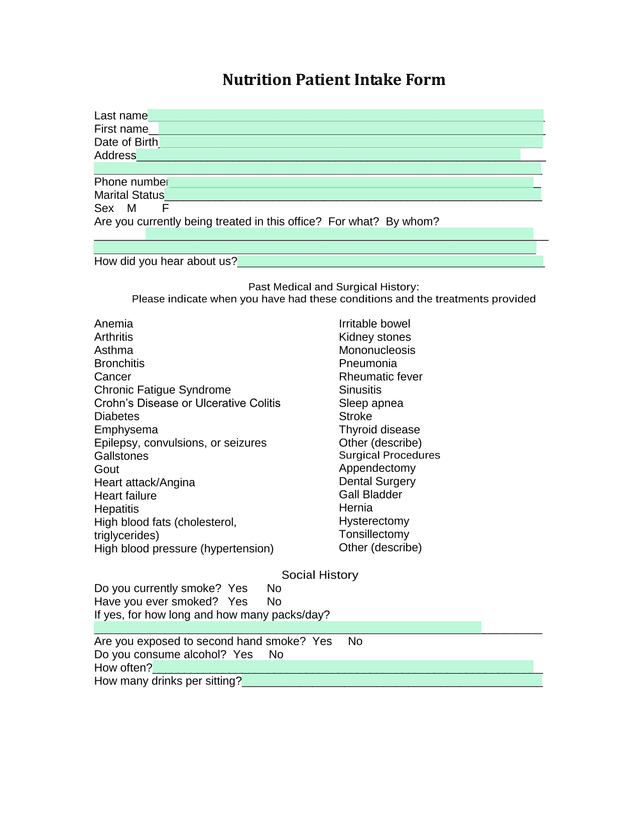 Nutrition Patient Intake Form screenshot