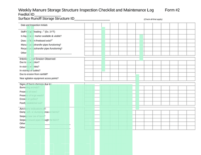 Weekly Manure Storage Structure Inspection Checklist And Maintenance Log screenshot