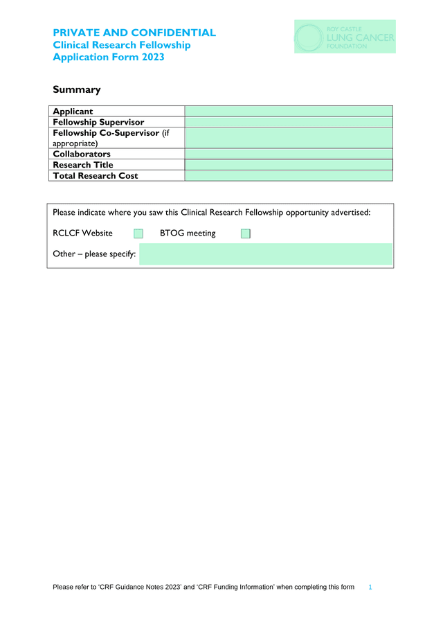 Clinical Research Fellowship Application Form 2023 screenshot