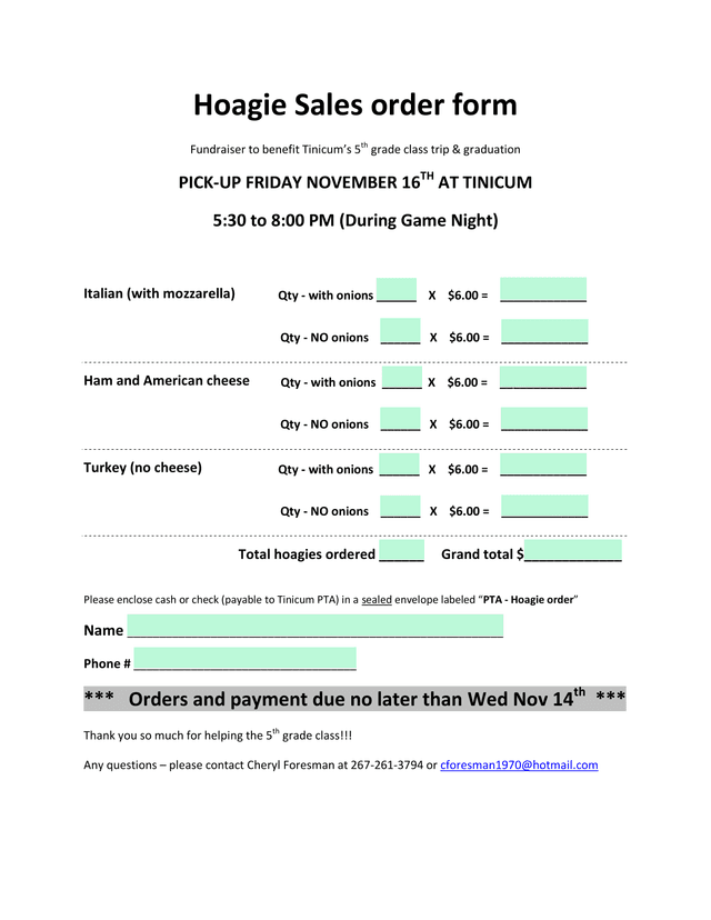 Hoagie Sales Order Form screenshot