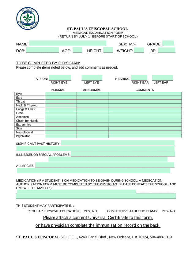 St. PaulS Episcopal School Medical Examination Form screenshot