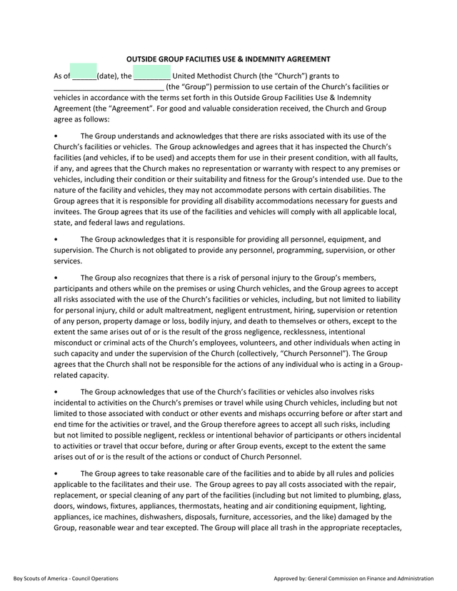 Outside Group Facilities Use  Indemnity Agreement screenshot
