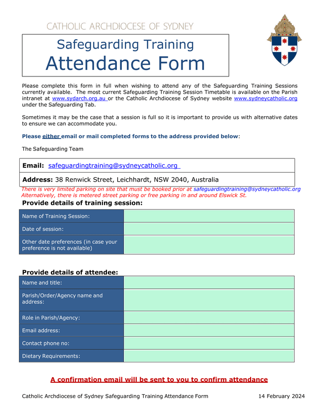Catholic Archdiocese Of Sydney Safeguarding Training Attendance Form screenshot