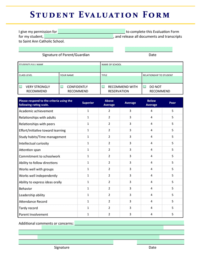 Student Evaluation Form screenshot