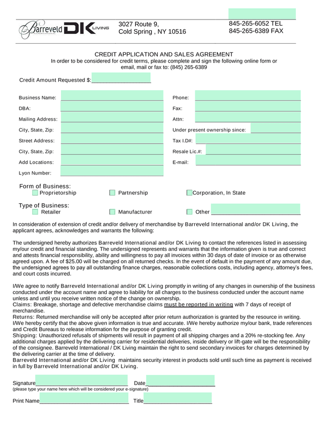 Credit Application And Sales Agreement screenshot