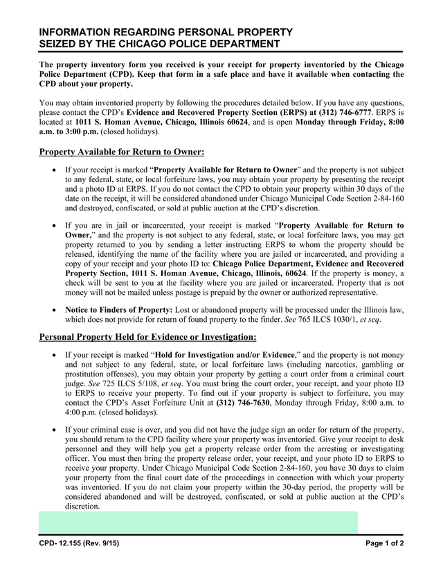 Information Regarding Personal Property Seized By The Chicago Police Department screenshot