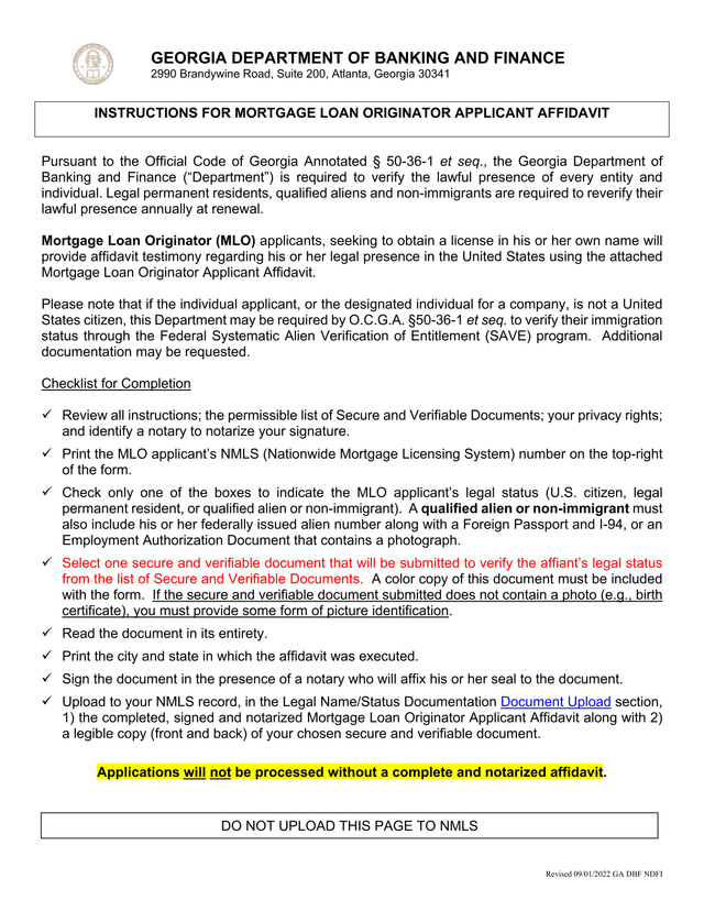 Mortgage Loan Originator Applicant Affidavit Instructions screenshot