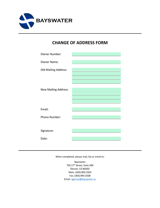Bayswater Change Of Address Form screenshot