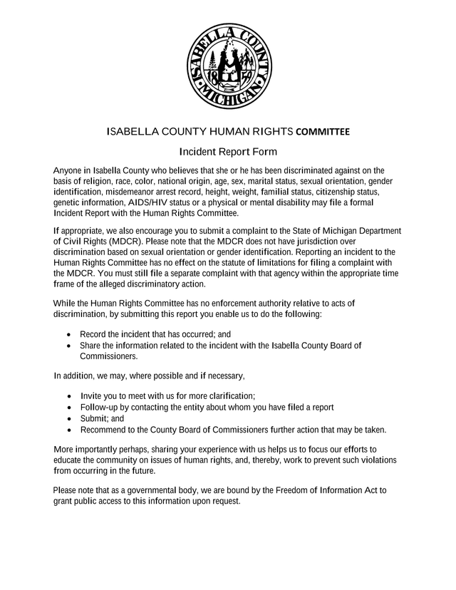 ISABELLA COUNTY HUMAN RIGHTS COMMITTEE Incident Report Form screenshot