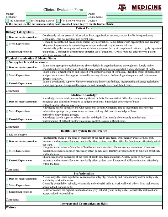 Clinical Evaluation Form screenshot