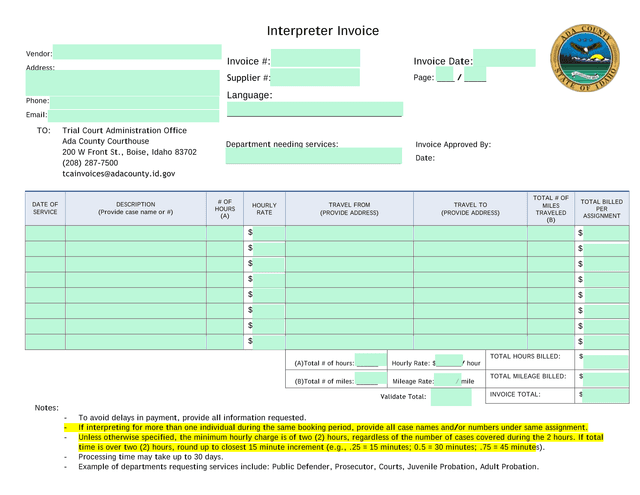 Interpreter Invoice screenshot