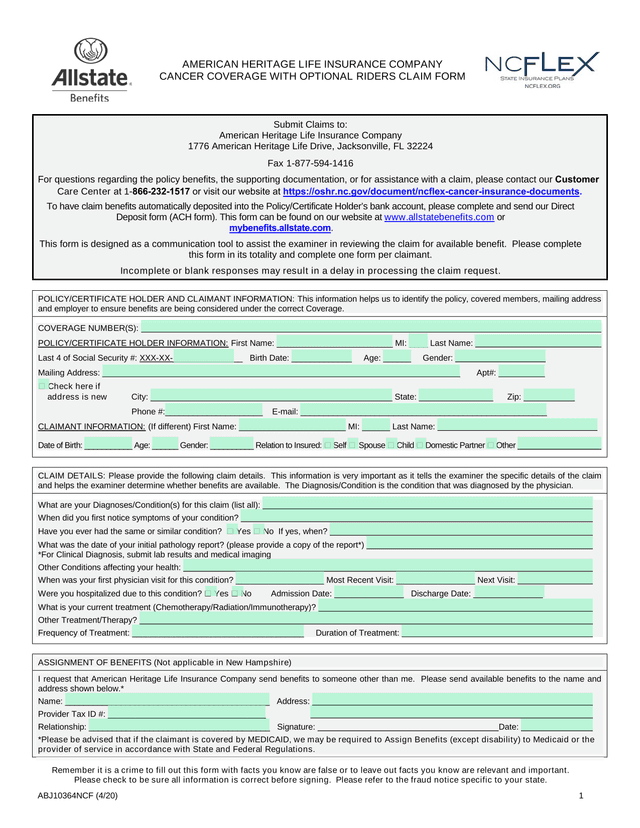 Cancer Coverage With Optional Riders Claim Form screenshot