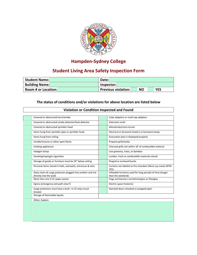 Student Living Area Safety Inspection Form screenshot