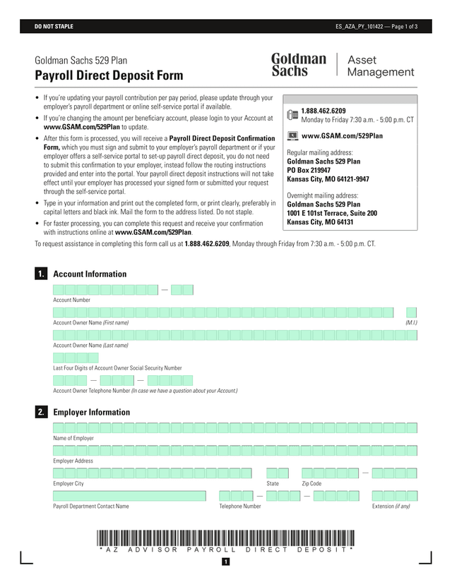 Goldman Sachs 529 Plan Payroll Direct Deposit Form screenshot