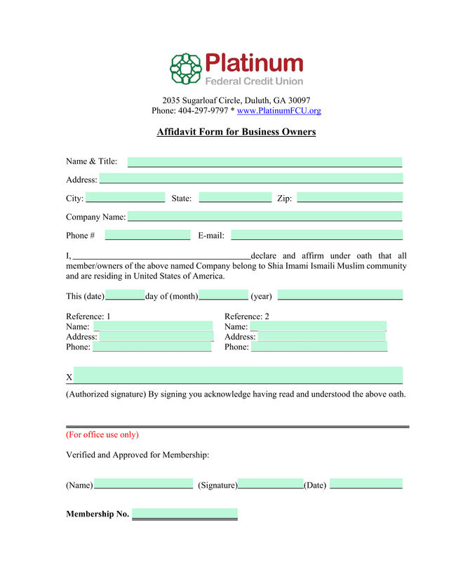Affidavit Form For Business Owners screenshot