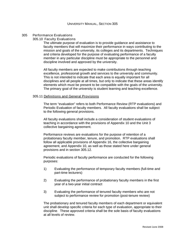 University Manual, Section 305 Performance Evaluations screenshot
