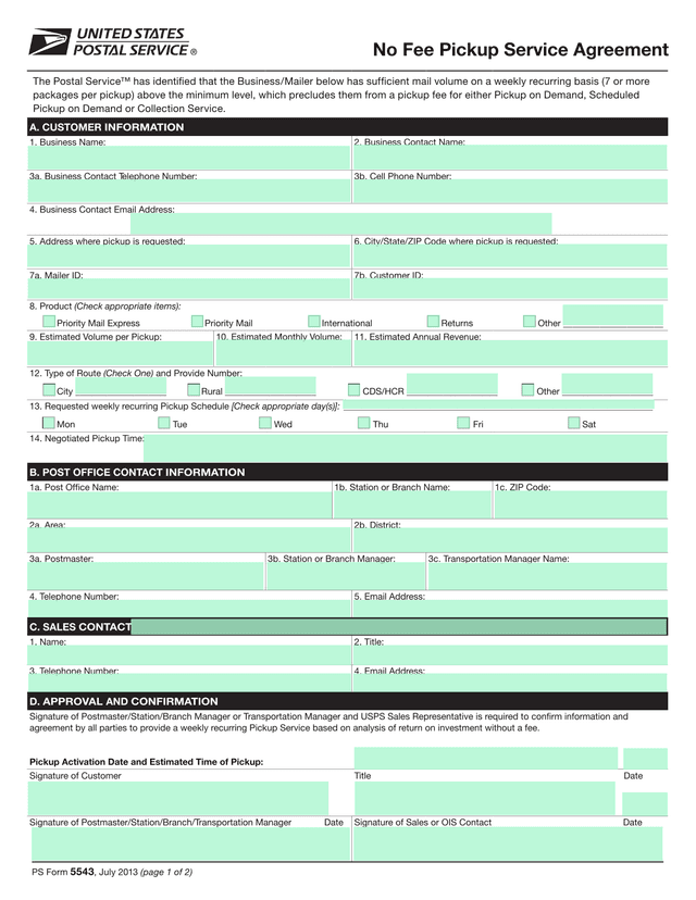 PS Form 5543, No Fee Pickup Service Agreement screenshot
