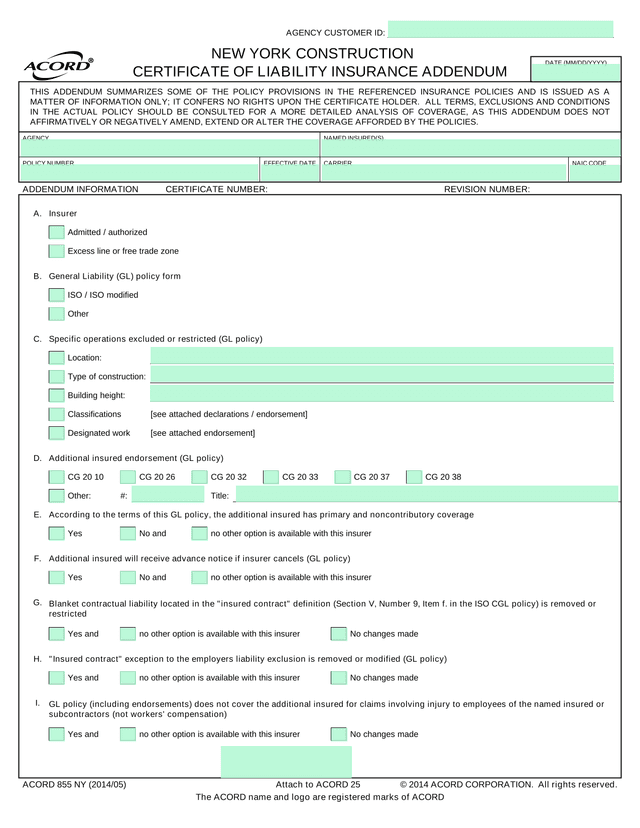 Certificate Of Liability Insurance Addendum (NY) screenshot