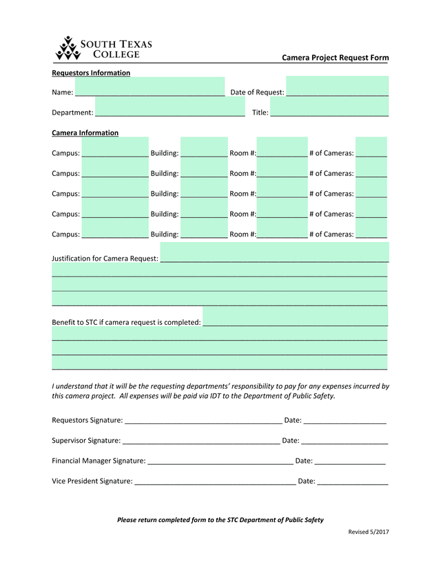 Camera Project Request Form screenshot