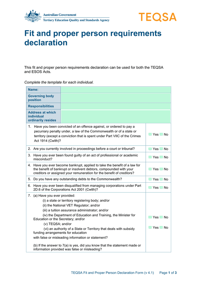 TEQSA Fit And Proper Person Declaration Form screenshot
