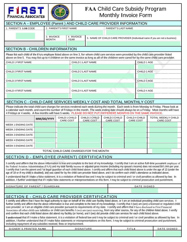 FAA Child Care Subsidy Program Monthly Invoice Form screenshot