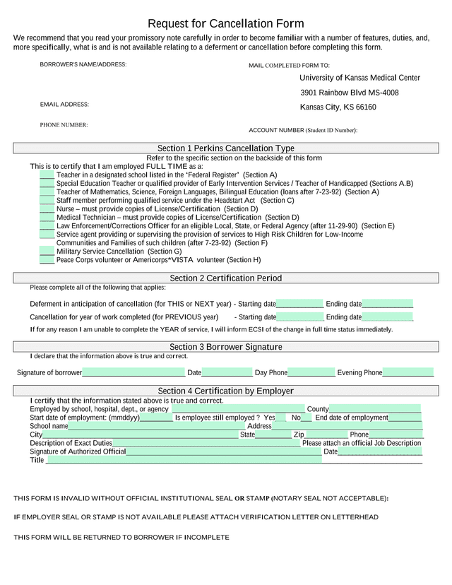 Request For Cancellation Form screenshot