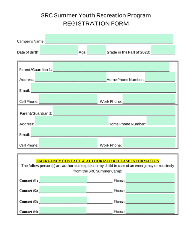SRC Summer Youth Recreation Program REGISTRATION FORM screenshot