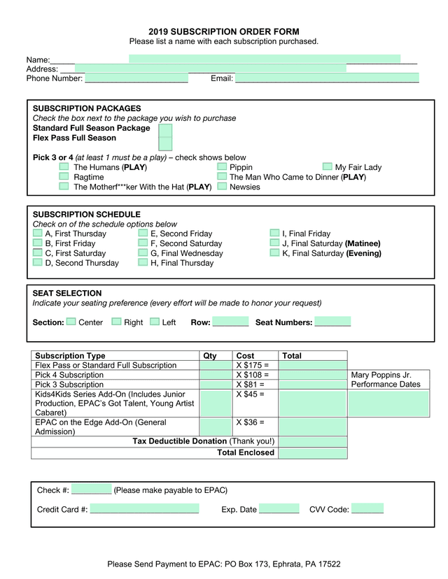 2019 Subscription Order Form screenshot