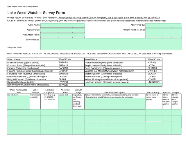 Lake Weed Watcher Survey Form screenshot