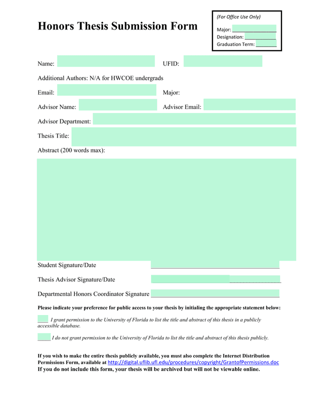 Honors Thesis Submission Form screenshot