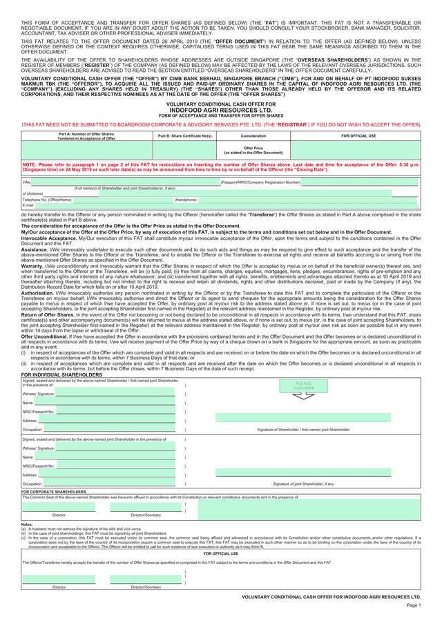 Form Of Acceptance And Transfer For Offer Shares screenshot