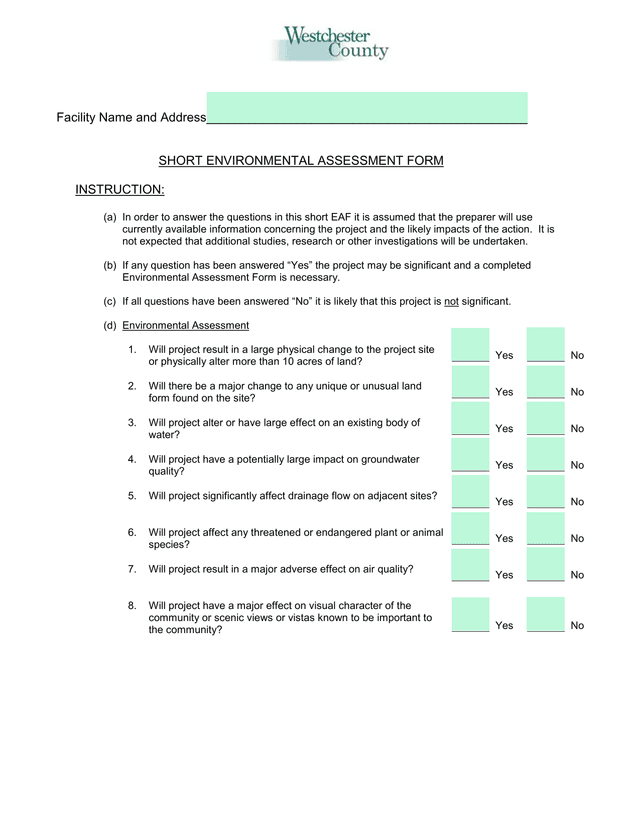 SHORT ENVIRONMENTAL ASSESSMENT FORM screenshot