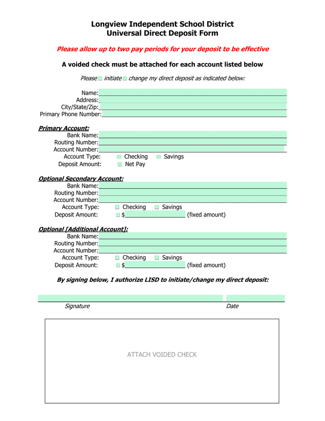 Longview Independent School District Universal Direct Deposit Form screenshot