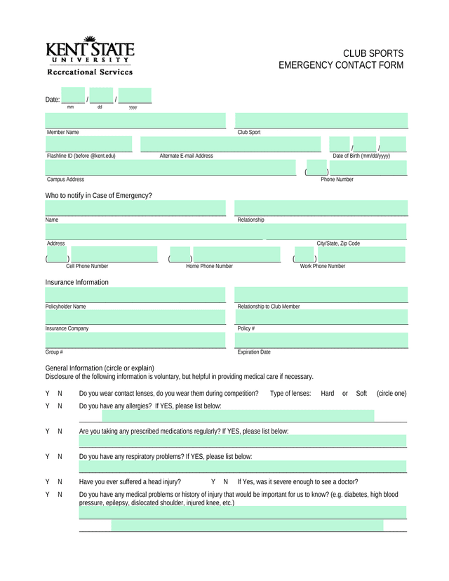 CLUB SPORTS EMERGENCY CONTACT FORM screenshot