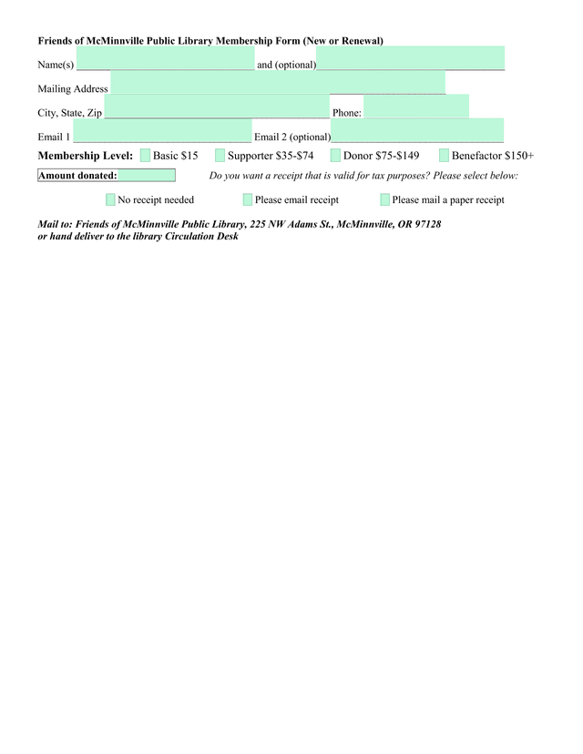 Friends Of McMinnville Public Library Membership Form (New Or Renewal) screenshot
