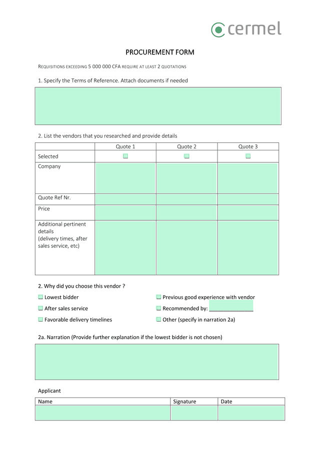 PROCUREMENT FORM screenshot