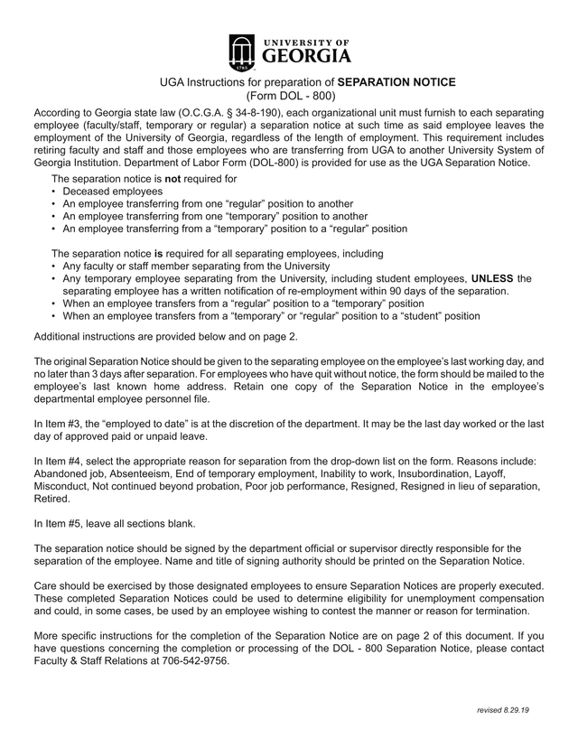 UGA Instructions For Preparation Of SEPARATION NOTICE (Form DOL   800) screenshot