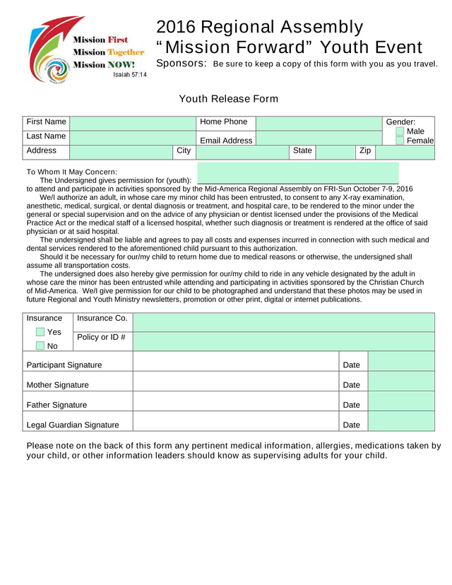 Youth Release Form screenshot