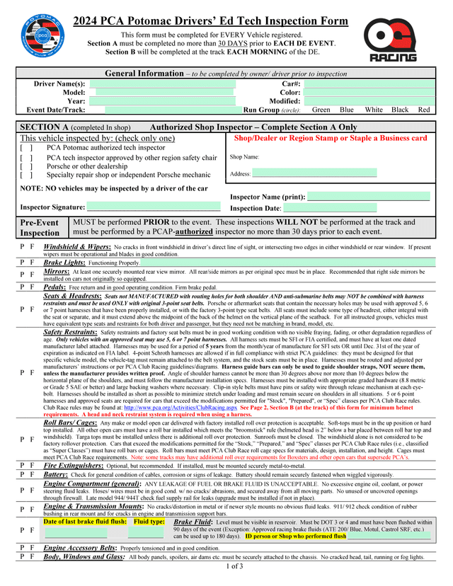 2024 PCA Potomac Drivers Ed Tech Inspection Form screenshot